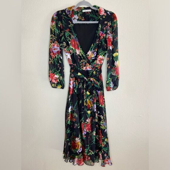 Alice + Olivia Abney Midi Black Dress Wrap Blooming Bouquet Floral Size S - Picture 6 of 9